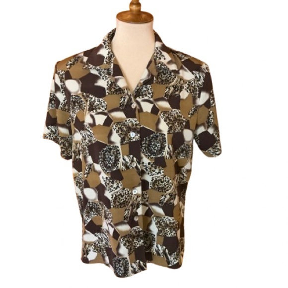 Authentic Original Vintage Style Tops - Vintage 90s safari patchwork print blouse